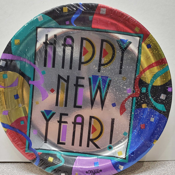 Paper Art Happy New Years Reflective Dessert Plastic Coated Plates - 8 count