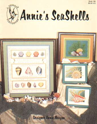 Annie's Seashells, 4 designs by Annie Morgan (cone shell, carrier shell, shell grouping, sea shell sampler, 24 count Congress cloth by Sweigart. Stitched using 3 strangs of floss 198