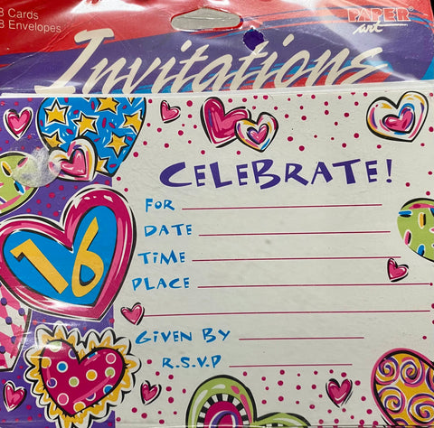 Paper Art Celebrate 16th Birthday Hearts Invitations - 8 Pack
