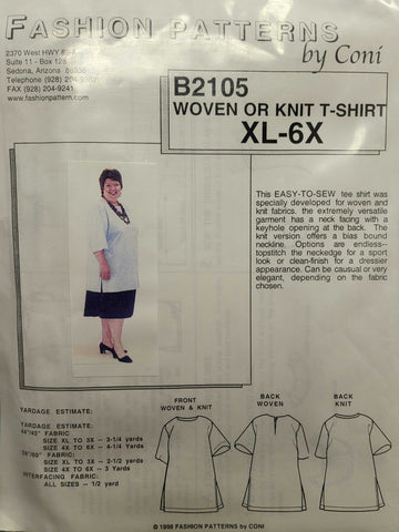 Woven or Knit T-shirt sewing pattern Size XL-6X