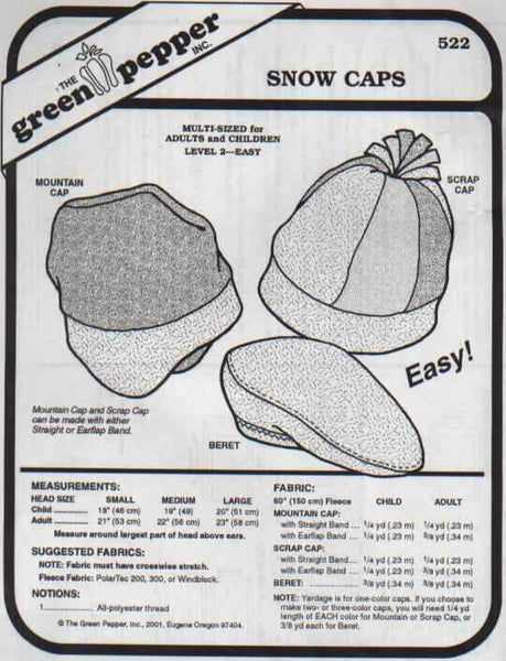 Green Pepper sewing pattern Snow Caps 522
