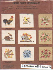 Heidi Poet originals rooster, goldfinch, fuchsia, rabbits, raccoon and more! 9 charts included
