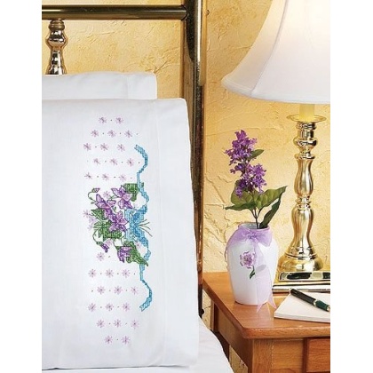 Violets Pillowcase Pair Stamped CrossStitch 20x30