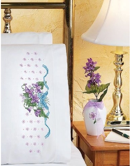 Violets Pillowcase Pair Stamped CrossStitch 20x30