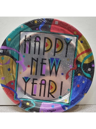Paper Art Happy New Years Reflective Dessert Plastic Coated Plates - 8 count