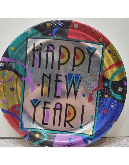 Paper Art Happy New Years Reflective Dessert Plastic Coated Plates - 8 count