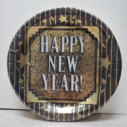 Paper Art New Years Glitter Dessert Plastic Coated Plates - 18 count