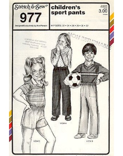 CHILDS SPORT PANTS, hip sizes 22-32, Great CONSIGNED & AS-IS product, is uncut, stored in smoking environment, vintage pattern. 977