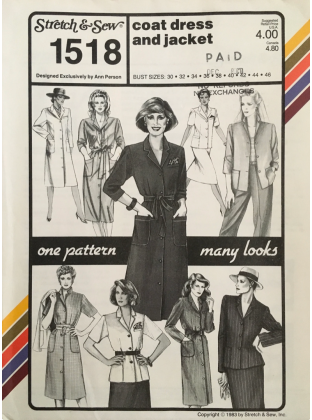 COAT DRESS & JACKET, sizes 30-46, Great CONSIGNED & AS-IS product, is uncut, stored in smoking environment, vintage pattern. 1518