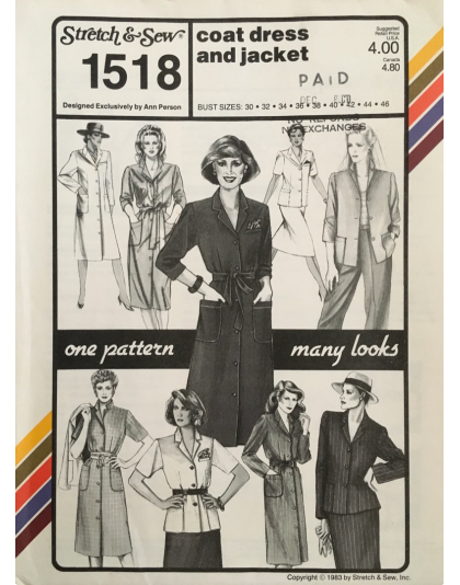 COAT DRESS & JACKET, sizes 30-46, Great CONSIGNED & AS-IS product, is uncut, stored in smoking environment, vintage pattern. 1518