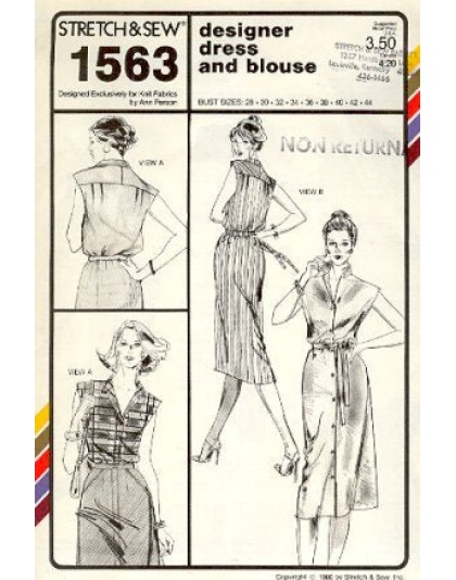 DESIGNER DRESS & BLOUSE, bust sizes 28-44, From 1980. Great CONSIGNED & AS-IS product, is uncut, stored in smoking environment, vintage pattern. 1563