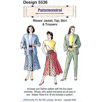 Increase your fashion options with this four piece wardrobe. Blouse, skirt, jacket and pants are all easy to sew.