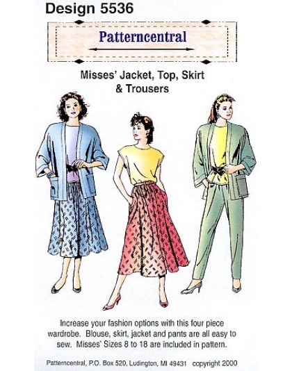 Increase your fashion options with this four piece wardrobe. Blouse, skirt, jacket and pants are all easy to sew.
