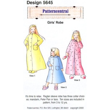It's time to relax. Raglan sleeve robe has three colar choices; mandarin, Peter pan or lace. Ten sizes are included in this pattern, 3-12 years.