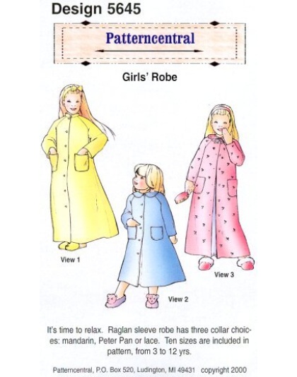 It's time to relax. Raglan sleeve robe has three colar choices; mandarin, Peter pan or lace. Ten sizes are included in this pattern, 3-12 years.