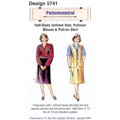 Three piece outfit: pullover bloues with short and long sleeves, paneled vest and pull-on skirt. Half sizes available.