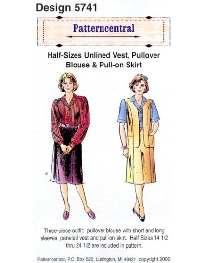 Three piece outfit: pullover bloues with short and long sleeves, paneled vest and pull-on skirt. Half sizes available.