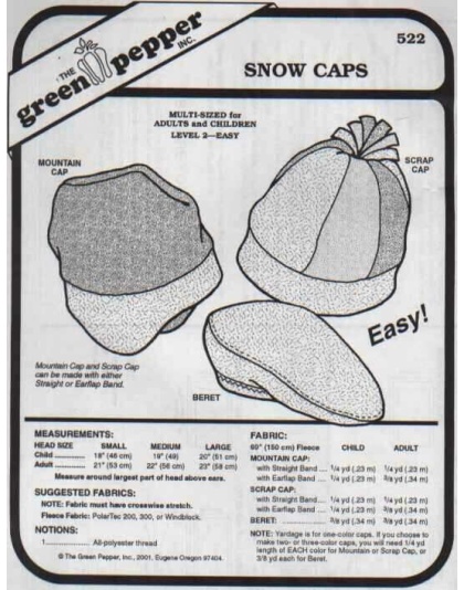 Green Pepper sewing pattern Snow Caps 522