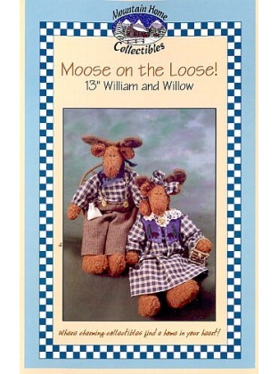 MOOSE ON THE LOOSE, William and Willow, 13 inch moose duo made out of shaggy felt. Pattern comes with instructions for Willow’s twig purse.