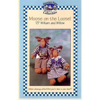 MOOSE ON THE LOOSE, William and Willow, 13 inch moose duo made out of shaggy felt. Pattern comes with instructions for Willow’s twig purse.