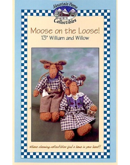 MOOSE ON THE LOOSE, William and Willow, 13 inch moose duo made out of shaggy felt. Pattern comes with instructions for Willow’s twig purse.